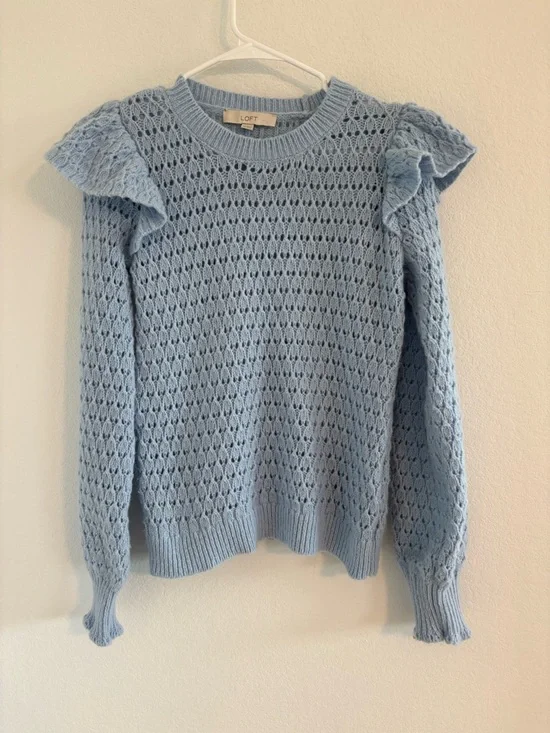 LOFT Pastel Blue Shoulder Ruffle Open Knit Sweater Size - Picture 4 of 9